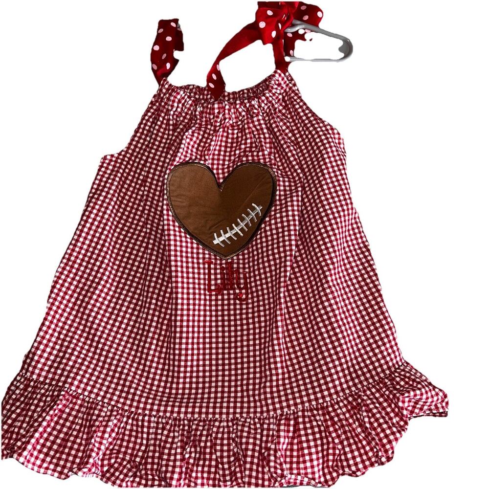 Rags Land Dress With Ribbon Sleeve Football Red White Gingham 2 Monogram LILY
